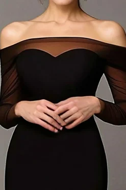 Mesh Black Off The Shoulde Mermaid Long Sleeves Long Prom Dress