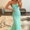 Mint Spaghetti Straps Appliques Prom Dress