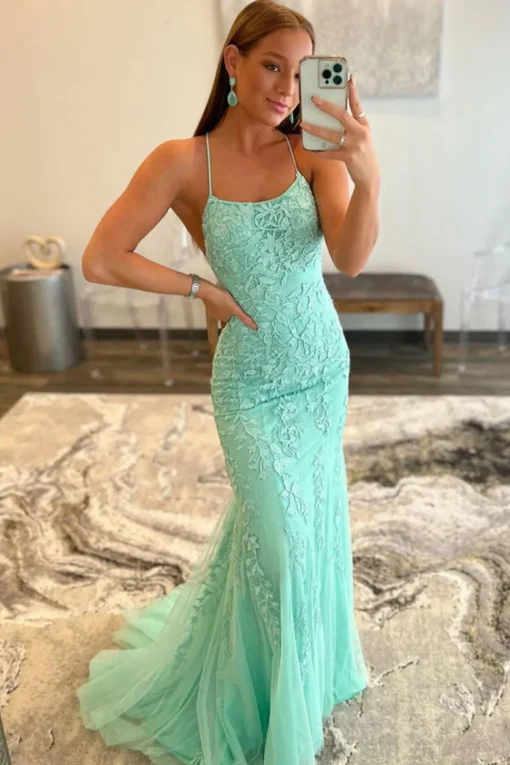 Mint Spaghetti Straps Appliques Prom Dress