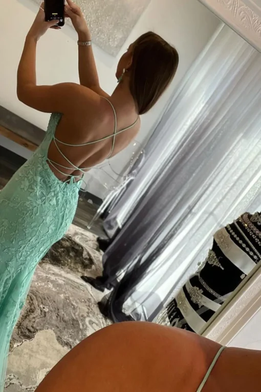 Mint Spaghetti Straps Appliques Prom Dress