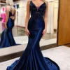 Navy Mermaid Appliques Long Prom Dress with Slit