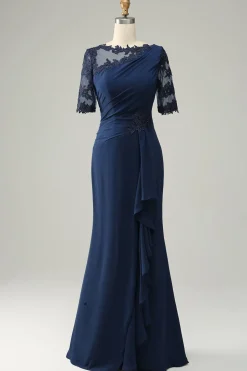 Navy Sheath Mother of Bride Dress with Appliques