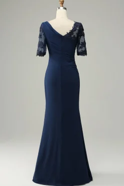 Navy Sheath Mother of Bride Dress with Appliques