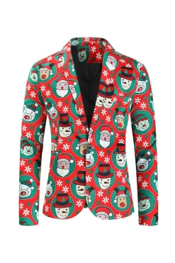 Notched Lapel One Button Santa Claus Printed Red Men's Suits