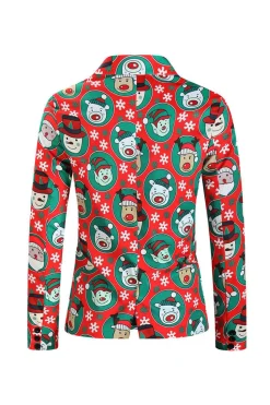 Notched Lapel One Button Santa Claus Printed Red Men's Suits