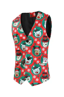Notched Lapel One Button Santa Claus Printed Red Men's Suits