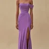 Off Shoulder Purple Mermaid Long Formal Dress with Slit