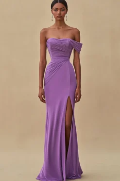 Off Shoulder Purple Mermaid Long Formal Dress with Slit