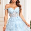 Off the Shoulder A Line Blue Corset Graduation Dress with Lace