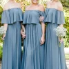 Off the Shoulder A Line Blue Chiffon Bridesmaid Dress with Pleated