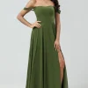 Off The Shoulder A Line Olive Bridesmaid Dress with Slit
