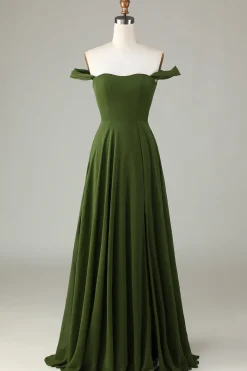 Off The Shoulder A Line Olive Bridesmaid Dress with Slit