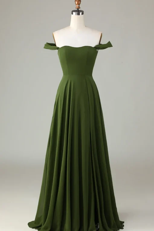 Off The Shoulder A Line Olive Bridesmaid Dress with Slit