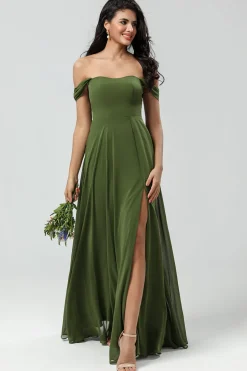 Off The Shoulder A Line Olive Bridesmaid Dress with Slit