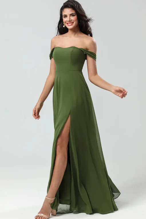 Off The Shoulder A Line Olive Bridesmaid Dress with Slit