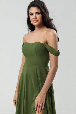 Off The Shoulder A Line Olive Bridesmaid Dress with Slit