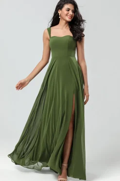 Off The Shoulder A Line Olive Bridesmaid Dress with Slit