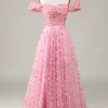 Off The Shoulder A-line Pink Long Bridesmaid Dress with 3D Flowers