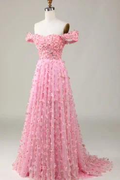 Off The Shoulder A-line Pink Long Bridesmaid Dress with 3D Flowers