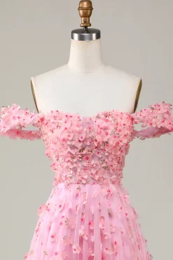 Off The Shoulder A-line Pink Long Bridesmaid Dress with 3D Flowers