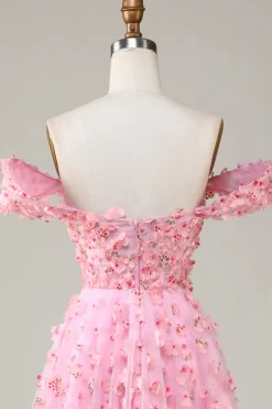 Off The Shoulder A-line Pink Long Bridesmaid Dress with 3D Flowers