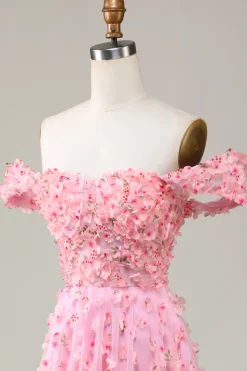 Off The Shoulder A-line Pink Long Bridesmaid Dress with 3D Flowers