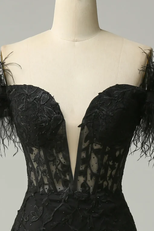 Off the Shoulder Black Mermaid Prom Dress with Feathers