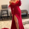 Off the Shoulder Fringes Satin Prom Dress with Slit