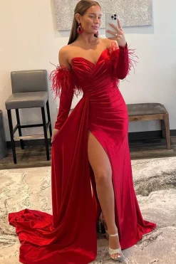 Off the Shoulder Fringes Satin Prom Dress with Slit