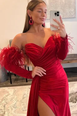 Off the Shoulder Fringes Satin Prom Dress with Slit
