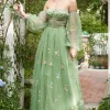 Off The Shoulder Green A-Line Prom Dress with Long Sleeves