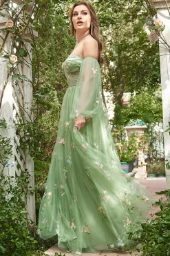 Off The Shoulder Green A-Line Prom Dress with Long Sleeves