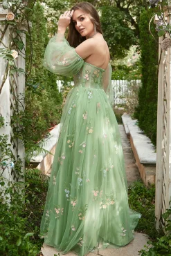 Off The Shoulder Green A-Line Prom Dress with Long Sleeves