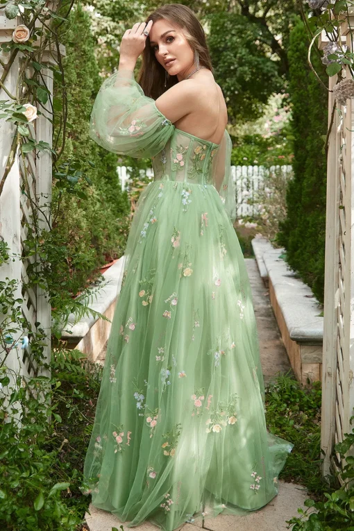 Off The Shoulder Green A-Line Prom Dress with Long Sleeves