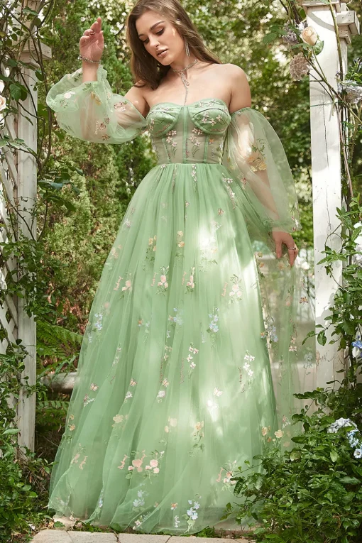 Off The Shoulder Green A-Line Prom Dress with Long Sleeves