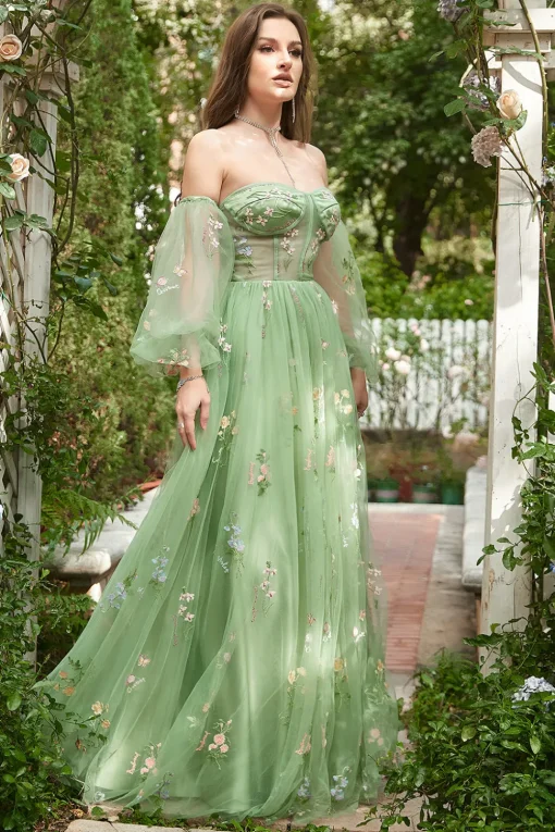 Off The Shoulder Green A-Line Prom Dress with Long Sleeves