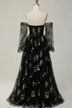 Off The Shoulder Green A-Line Prom Dress with Long Sleeves