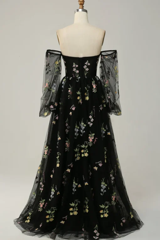 Off The Shoulder Green A-Line Prom Dress with Long Sleeves