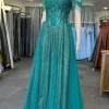 Off the Shoulder Green Sparkly Prom Dress with Beading
