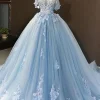 Off The Shoulder Light Blue Ball Gown Princess Prom Dress