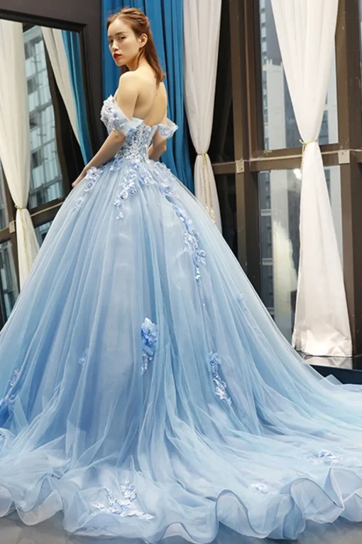 Off The Shoulder Light Blue Ball Gown Princess Prom Dress