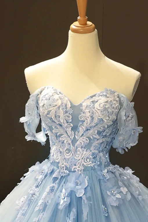 Off The Shoulder Light Blue Ball Gown Princess Prom Dress