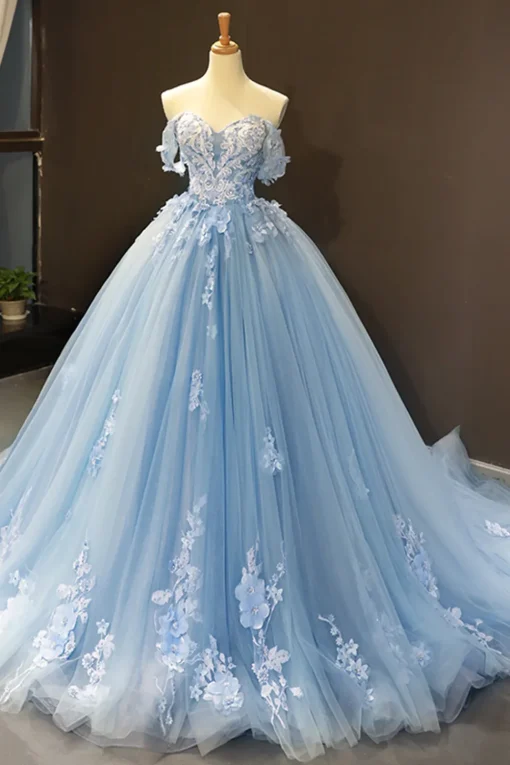 Off The Shoulder Light Blue Ball Gown Princess Prom Dress