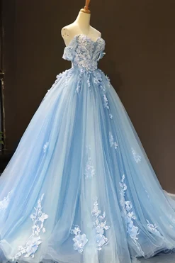 Off The Shoulder Light Blue Ball Gown Princess Prom Dress