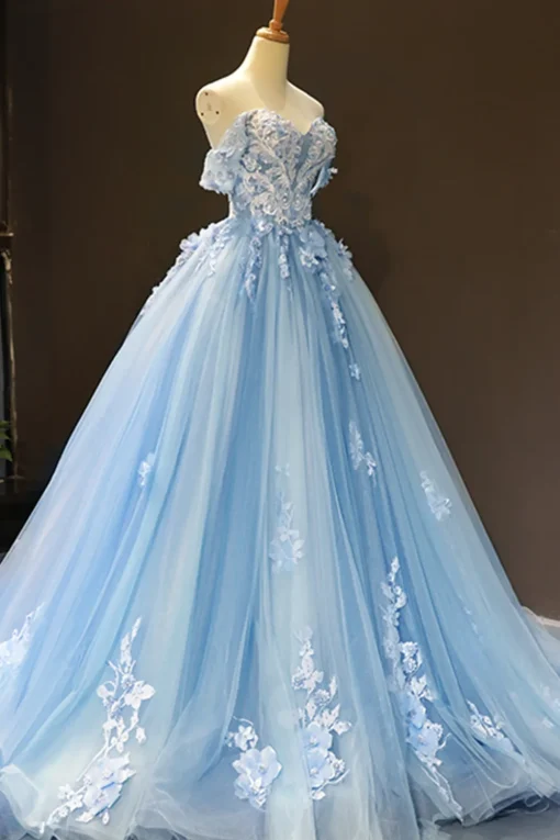 Off The Shoulder Light Blue Ball Gown Princess Prom Dress