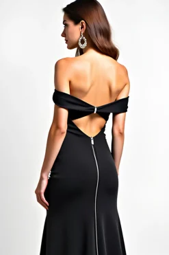 Off The Shoulder Long Mermaid Hollow Out Black Tie Dress