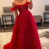 Off the Shoulder Multi-layered Princess Prom Dress with Feathers