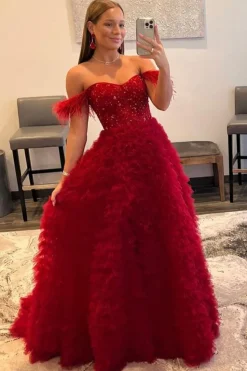 Off the Shoulder Multi-layered Princess Prom Dress with Feathers