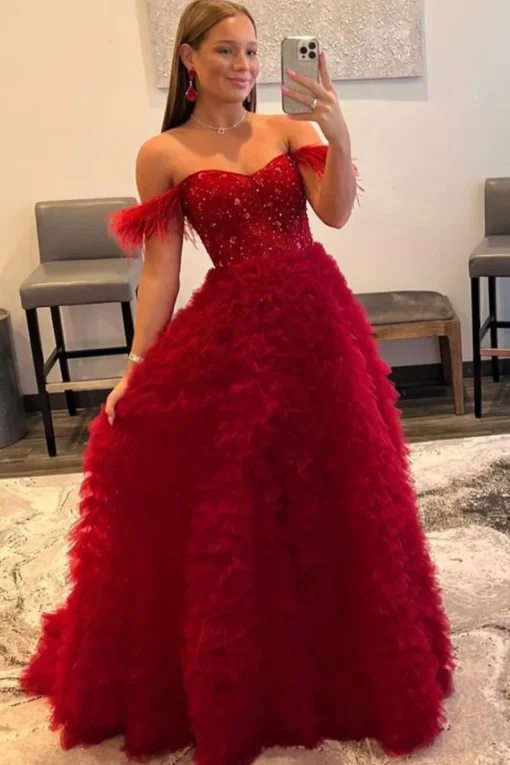 Off the Shoulder Multi-layered Princess Prom Dress with Feathers