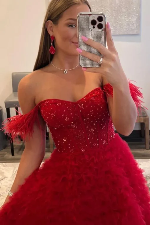 Off the Shoulder Multi-layered Princess Prom Dress with Feathers